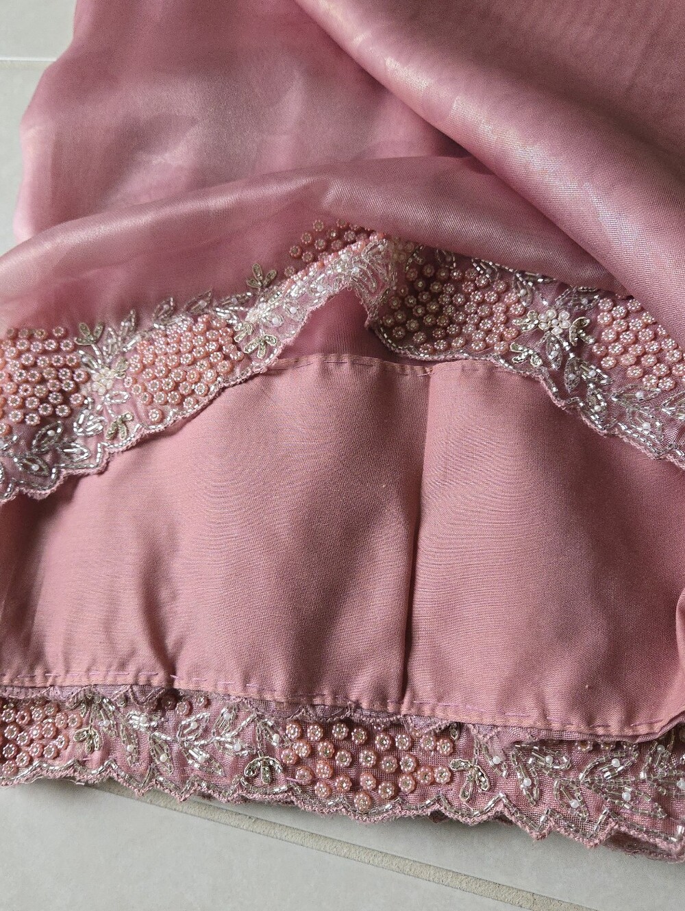 3 Pc Ready to Wear M Modern Soft Organza Saree Shiny Pink Stitched Blouse - Picture 6 of 12